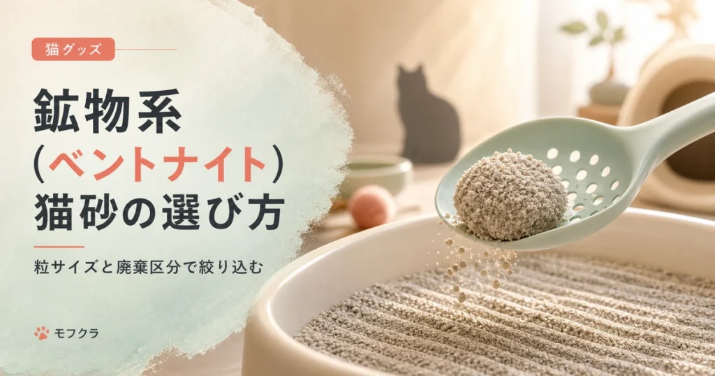 鉱物系（ベントナイト）猫砂のおすすめと選び方を粒サイズと廃棄区分で解説するアイキャッチ画像