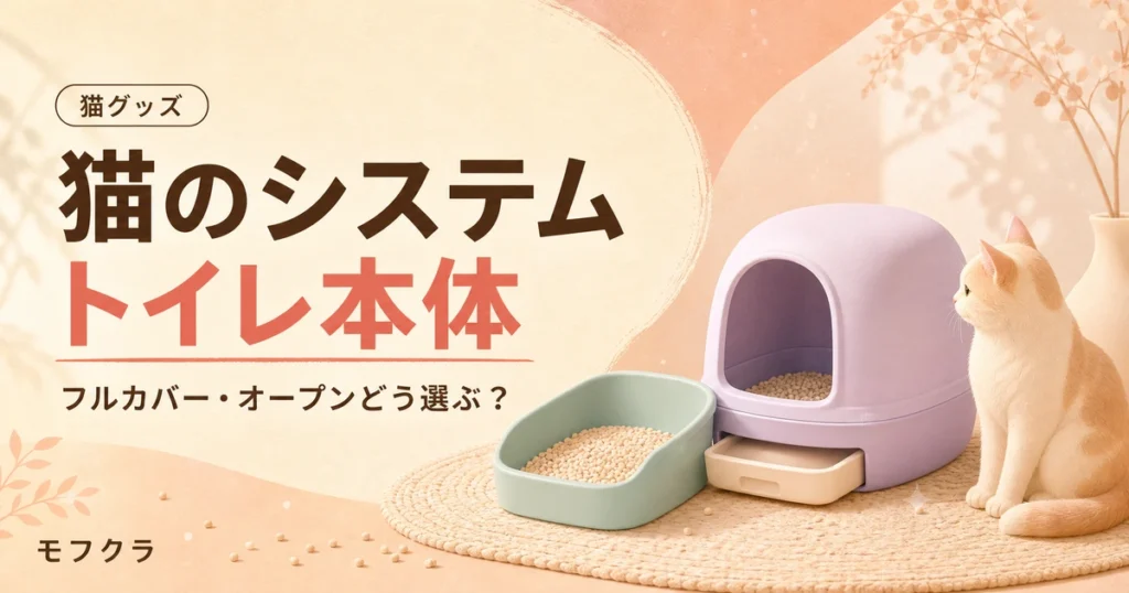 猫のシステムトイレ本体の選び方をフルカバー・オープンで比較するアイキャッチ画像